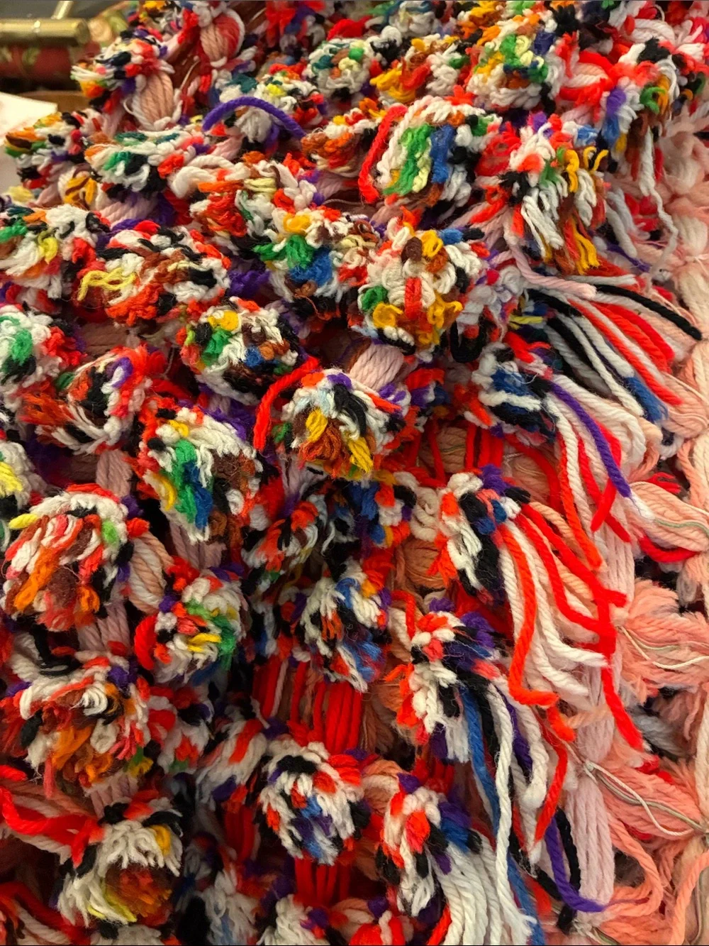 Unique Woven Pom Pom and weave multicolored yarn throw blanket. Hand made. 5’x5